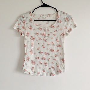 Floral pink detailed cream t-shirt